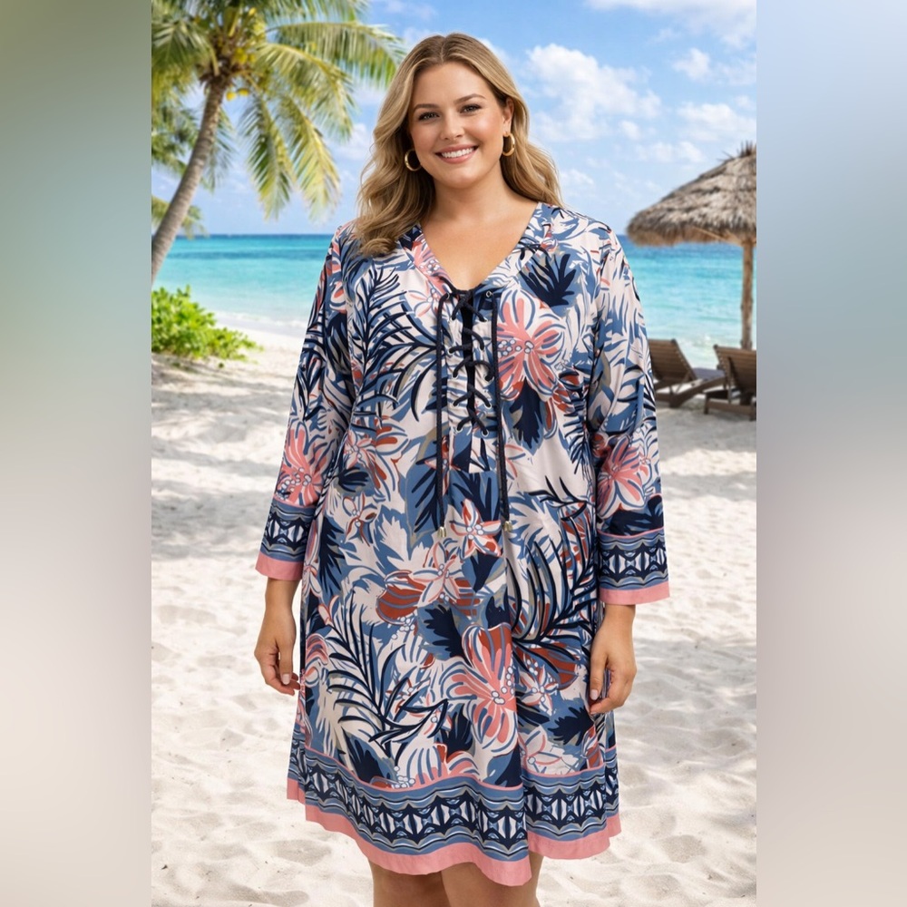 Beach Break Tropical Floral Tunic Dress Cover Up XL Lace Up Resort Boho Beach